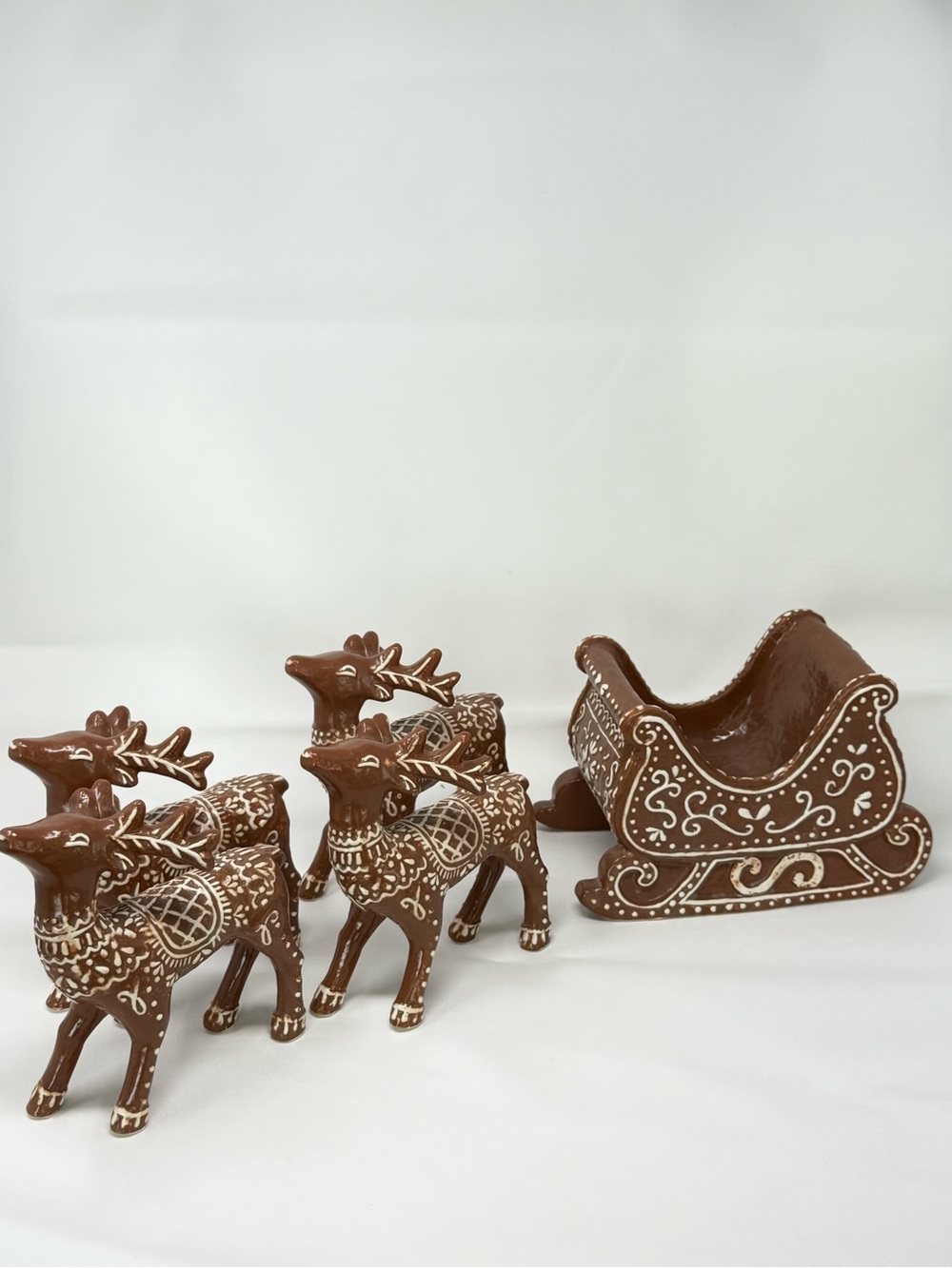 Pottery Barn Handcrafted Ceramic Gingerbread Reindeer & Sleigh Set NEW